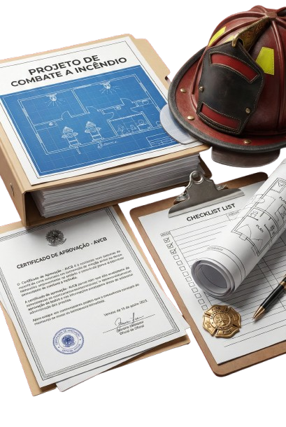 Projeto de combate a incêndio, certificado AVCB e documentação de segurança.
